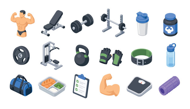 Collection of colorful gym and fitness equipment icons.