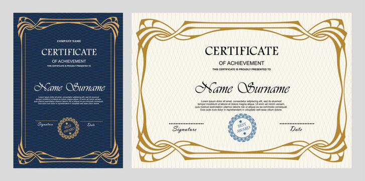 Vintage certificate of achievement template with horizontal, vertical layouts. Multipurpose retro design with ornate ornaments. Vector illustration for diploma, graduation, professional recognition
