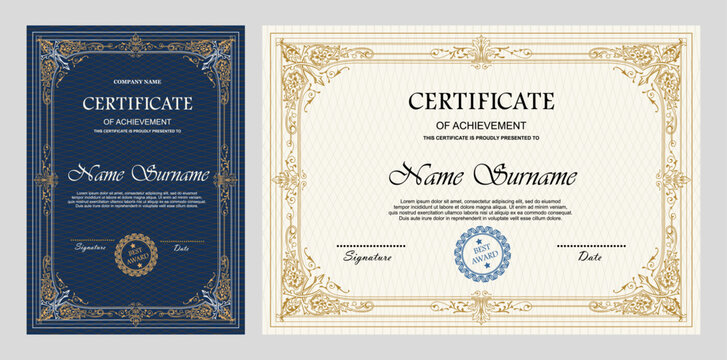 Vintage certificate of achievement template with horizontal, vertical layouts. Multipurpose retro design with ornate ornaments. Vector illustration for diploma, graduation, professional recognition