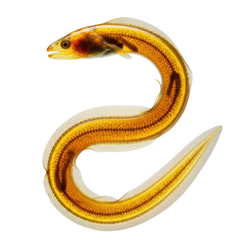 Translucent glass eel with a shimmering spine and golden amber tint in a dynamic serpentine form on a minimalist gray background biological specimen concept