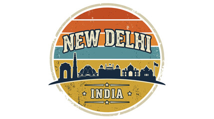 Obraz premium New Delhi Skyline Retro Sunset Circle Emblem - India Travel Icon