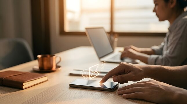 Person using smartphone to send email message with digital icon in a modern bright office workspace