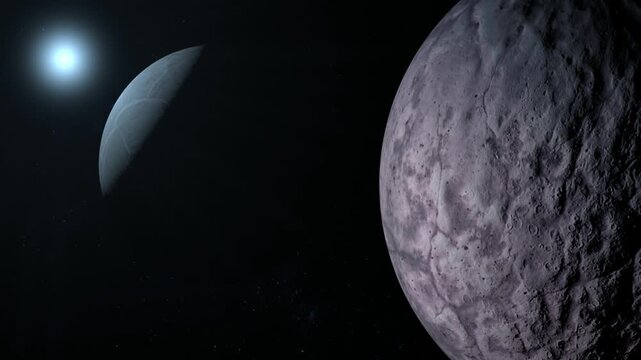 Dwarf planet 225088 Gonggong with Eris planet orbiting in deep dark space in 4K Ultra HD footage.
