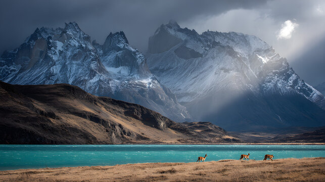 Three guanacos walking along turquoise lake shore beneath jagged snow covered mountain peaks under stormy skies with beside vibrant turquoise