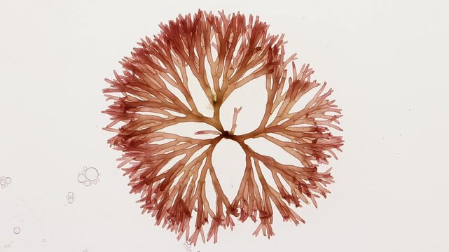 Scinaia furcellata red seaweed gently swaying in water current with drifting air bubbles. Marine algae associated with skincare, spa, cosmetic and wellness concepts.