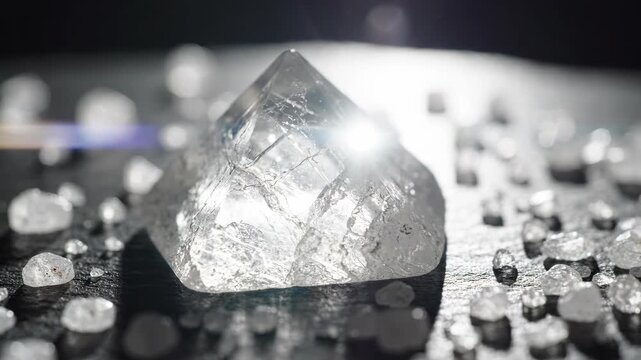 Macro tracking of translucent crystalline pyramid on dark textured slate under sharp spotlight