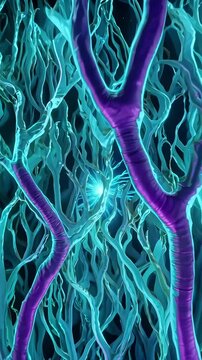 Dense network of neon blue and purple branching structures