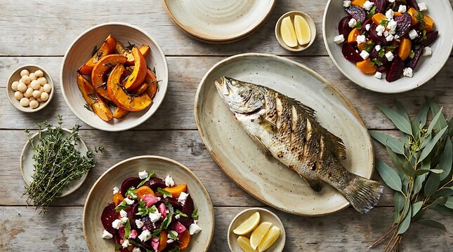 Fresh grilled sea bass fish served with healthy vegetable salads on a rustic wooden table top view. Australian Cuisine