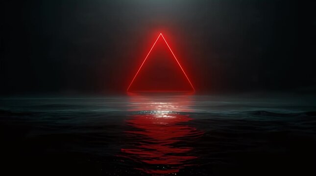 Neon Red Triangle Reflection on Water Surface at Night