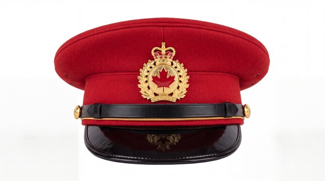 Royal Canadian mounted police dress forage cap with golden emblem and black visor on white background