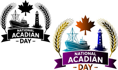 Obraz premium National Acadian Day logo template set featuring a fishing boat lighthouse maple leaf and wheat stalks framed by a banner in solid black and colorful gradient variations isolated on a white background