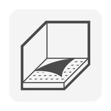 Linoleum flooring material vector icon showing resilient floor covering installation inside room. Expand line illustration representing sheet vinyl surface, floor finishing and interior renovation.