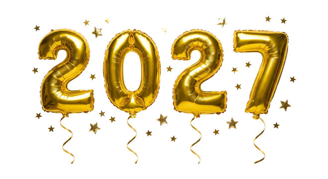 Elegant golden 2027 balloons with falling stars on transparent background perfect for magical new year parties and festive holiday invitations
