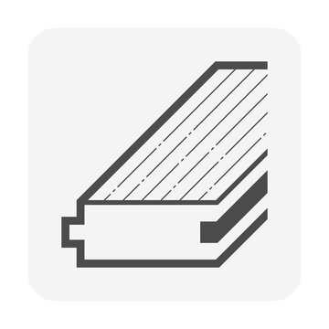 Wood floor finishing material with tongue and groove joint vector icon. Isometric timber plank section representing hardwood flooring, engineered wood, seamless installation, interior construction.