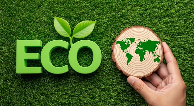 Eco text sign with green leaves and wooden world map held on vibrant natural grass background