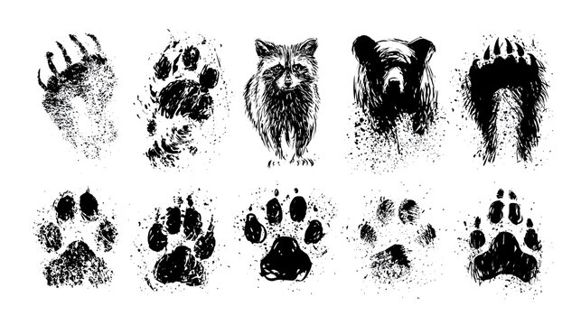 Animal footprints. Wild, domestic pet paw prints, feet and claws imprint. Cat, dog and bear, raccoon and turtle, pigeon and lizard, pig black foot stamps. Fox and elephant, wolf and koala vector