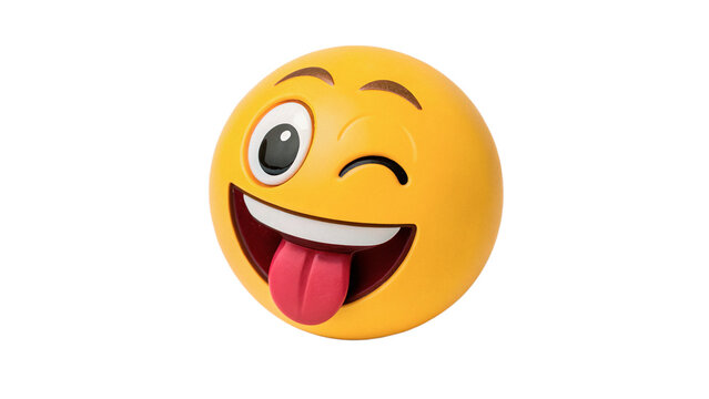 Yellow circular emoji face showing a funny silly expression isolated on transparent background