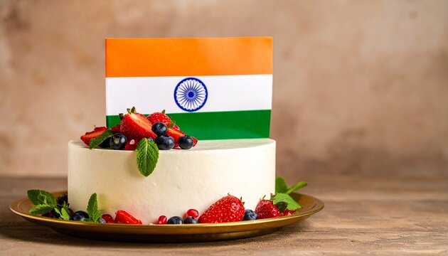 Tricolor cake with fruits, Indian flag patriotic celebration dessert