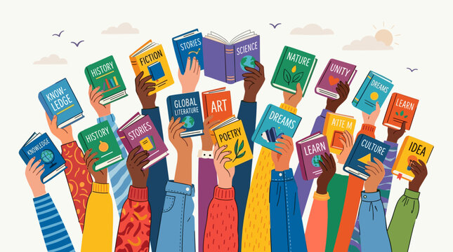 Many hands holding colorful books upward for literacy education reading culture knowledge sharing community access library campaign scholarship empowerment vector illustration poster