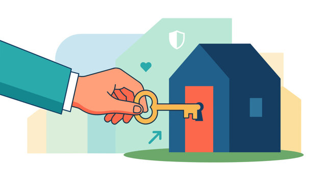 Hand holding key near house door for new home ownership real estate purchase mortgage rental security access moving property investment housing concept vector illustration service for service banner