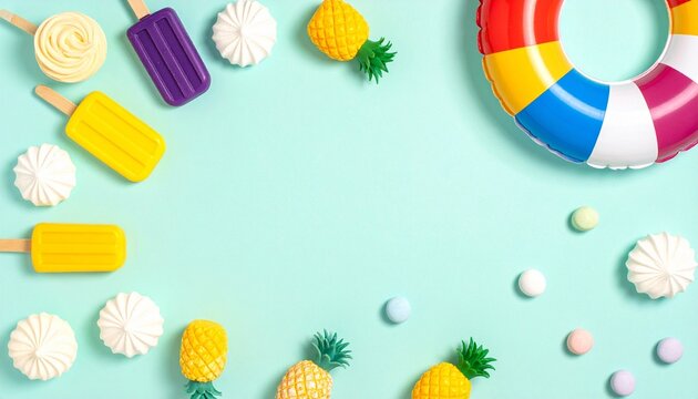 Colorful summer flat lay, popsicles, pineapples, candies, swim ring