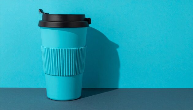 Turquoise travel cup, black lid, ribbed grip, minimalist design