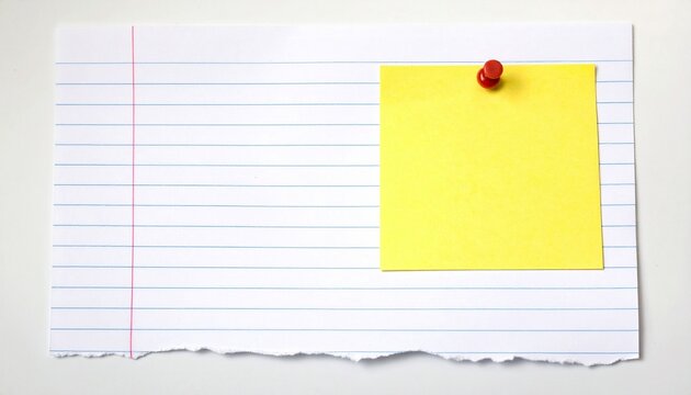 Blank sticky note pinned on lined notebook paper margin