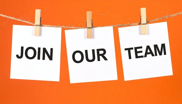 Join our team message, clipped papers, orange background recruitment
