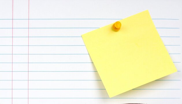 Blank sticky note pinned on lined notebook paper margin