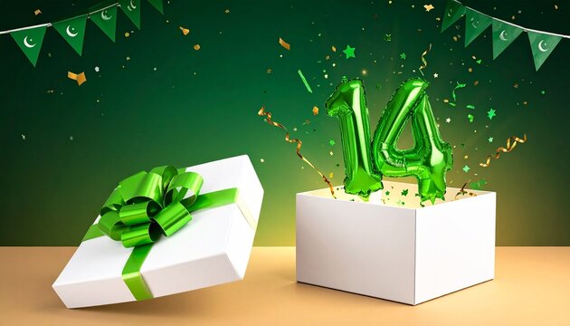 Festive green balloons, gift box, crescent banner, golden confetti celebration