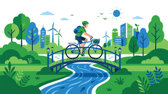 Eco friendly man riding bicycle on bridge in green sustainable city vector illustration