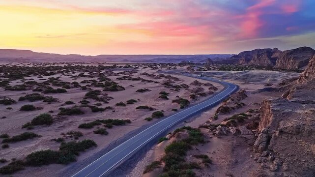 Aerial view of an empty winding asphalt road through yardang landforms at sunset, Dahaidao, Xinjiang, China