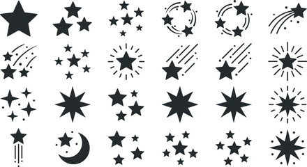 Fototapeta premium Black Star Icon Vector Set Featuring Sparkling Night Sky Sparkles Shooting Stars And Crescent Moon Symbols For Graphic Design