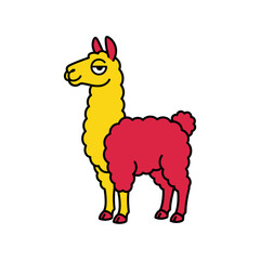 Fototapeta premium Colorful cartoon llama illustration in yellow and red.