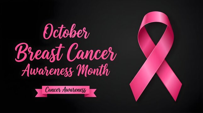 October breast cancer awareness month pink ribbon symbol with calligraphic text on dark background