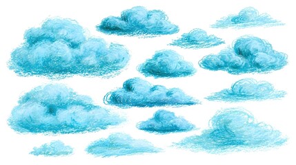 Cute colorful oil pastel drawing turquoise blue fluffy cloud elements. Hand painted with crayon pencils textured clouds for kids print design, patterns, stickers, apps and books decoration  © suldev
