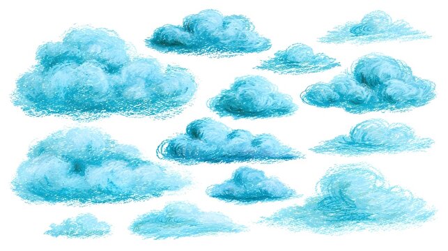 Cute colorful oil pastel drawing turquoise blue fluffy cloud elements. Hand painted with crayon pencils textured clouds for kids print design, patterns, stickers, apps and books decoration 
