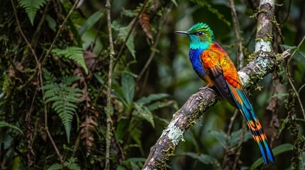 Obraz premium A colorful tropical bird perched on a tree branch surrounded by lush rainforest vegetation, showcasing vibrant plumage in its natural habitat. Ideal for themes of wildlife, biodiversity, tropical fore