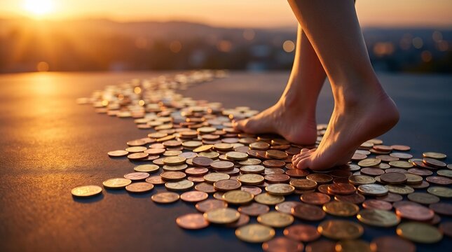 Bare feet walking on a winding path made of coins under a golden sunset, symbolizing a financial journey or path to wealth.