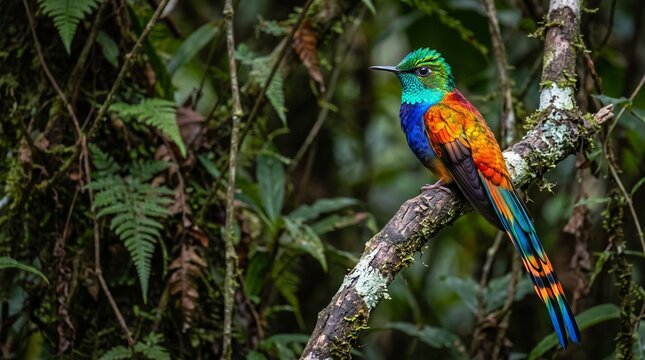 A colorful tropical bird perched on a tree branch surrounded by lush rainforest vegetation, showcasing vibrant plumage in its natural habitat. Ideal for themes of wildlife, biodiversity, tropical fore