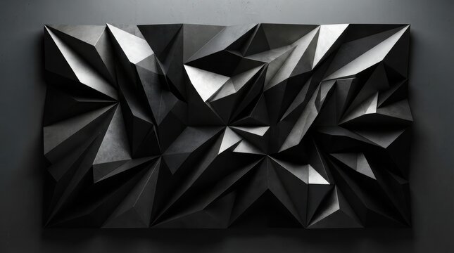 Abstract 3D black polygonal relief with sharp triangular facets creating liquid shadows and obsidian stone texture on a modern sculptural surface