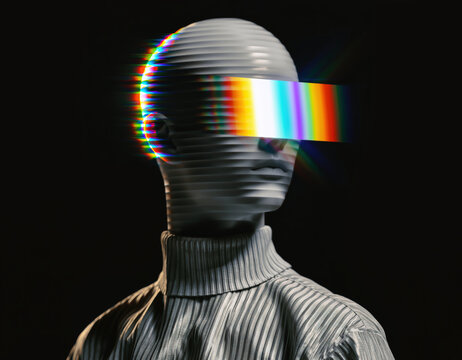 Futuristic humanoid figure with rainbow holographic visor and ribbed metallic head digital artificial intelligence technology concept