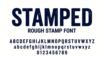 Obraz premium Stamped Rough Grunge Stamp Alphabet Font with Numbers and Symbols