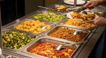 Obraz premium Buffet with various hot dishes in metal pans