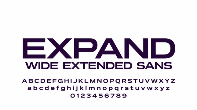 Modern Wide Extended Sans Serif Font Typeface Alphabet and Numbers Set