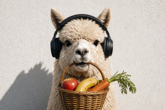 Funny alpaca wearing headphones holding wicker basket of fresh fruit and vegetables in mouth quirky animal humor concept