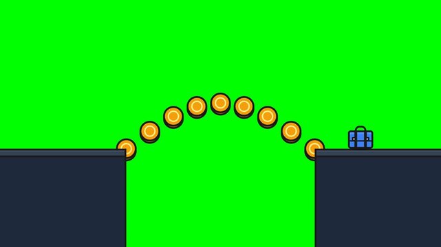 2D Animated Gold Coin Bridge Concept on Green Screen Background for Business Success and Financial Growth