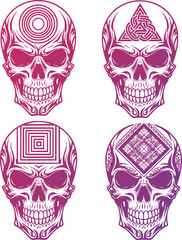 Fototapeta premium Skull Tattoo Design with Floral and Geometric Patterns, Magenta Line Art, Symmetrical Tribal Ornament Illustration for Branding