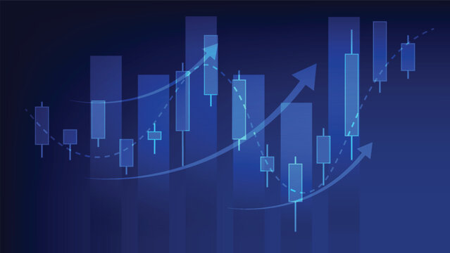 finance background. stock market candlesticks with bar chart and arrow uptrend