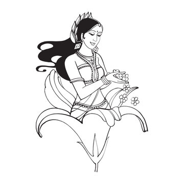 Goddess Lakshmi Sitting on Lotus Line Art